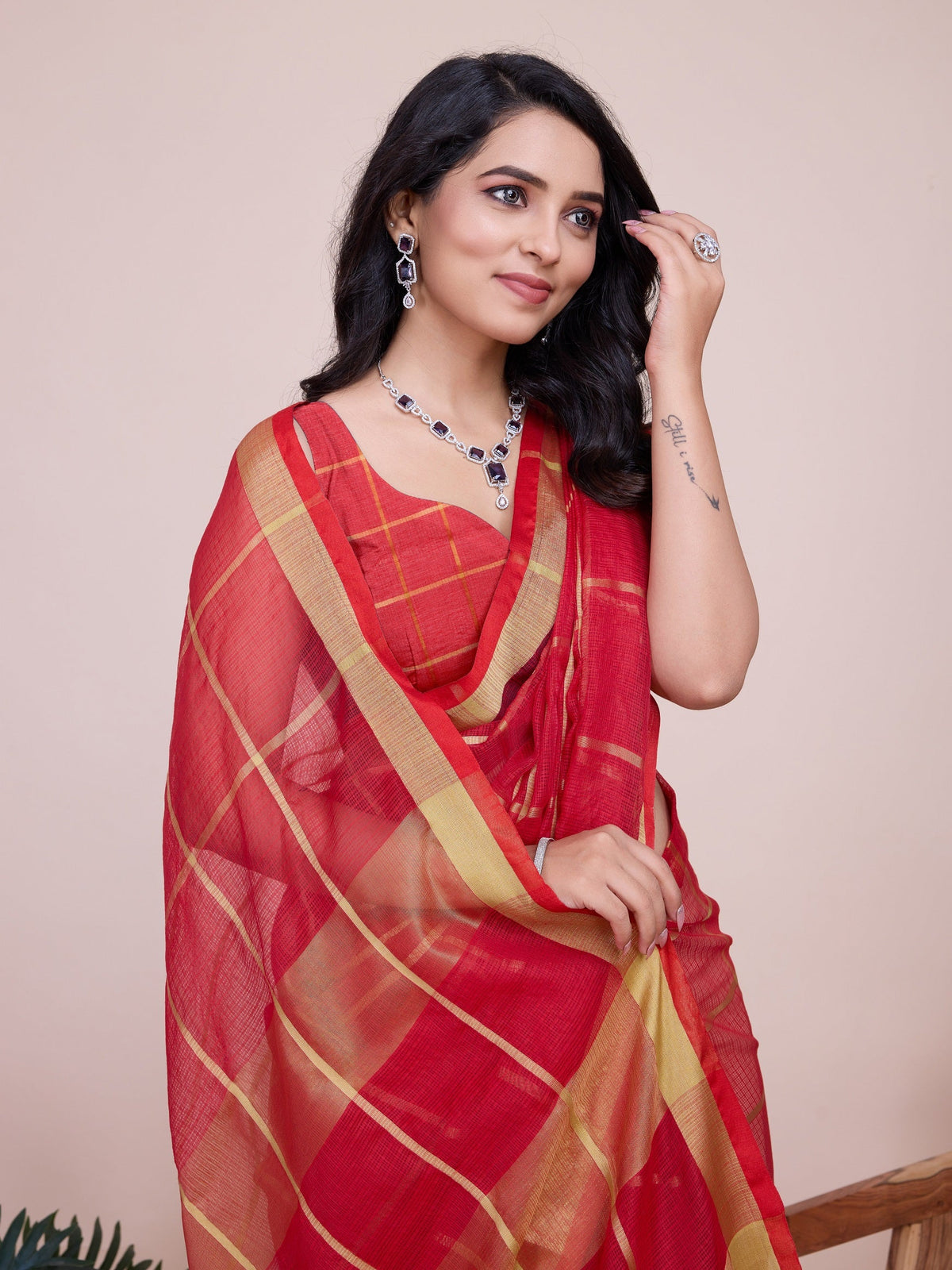 Vedant Vastram Cotton Silk Jacquard Fancy Saree - Red | Grocsy