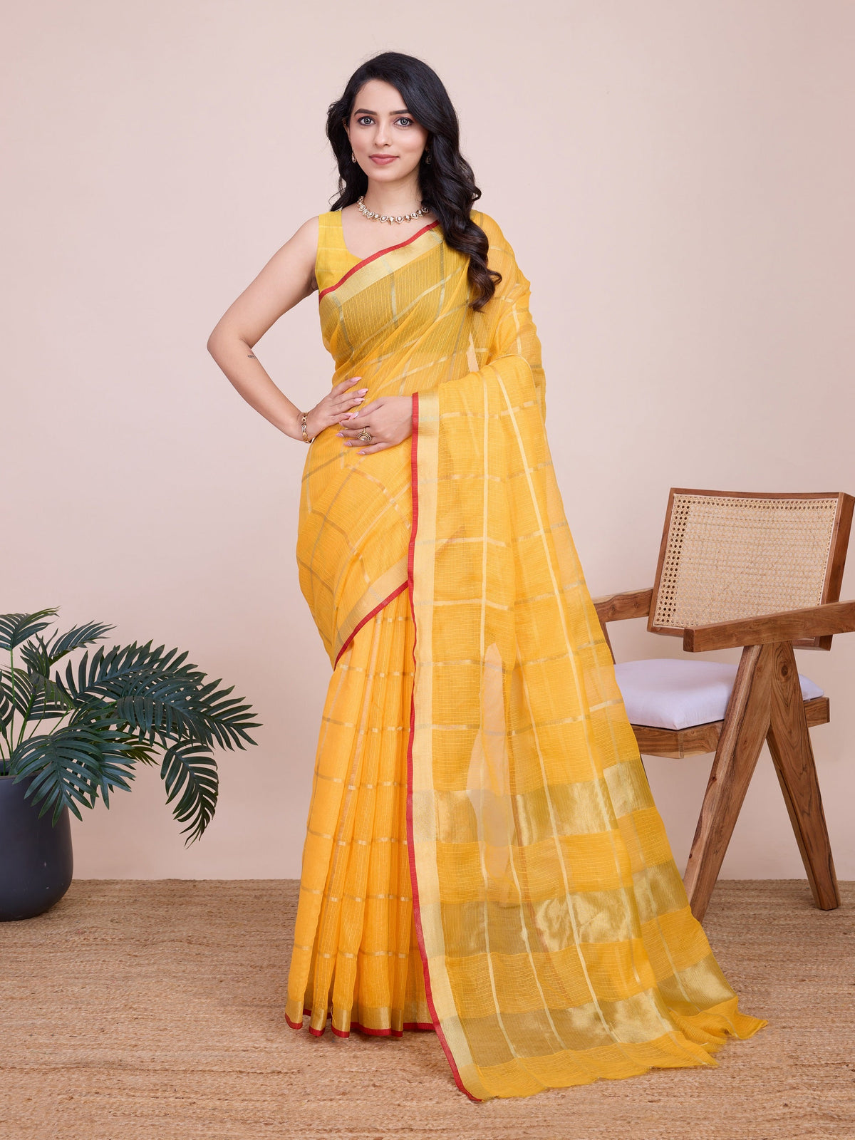 Vedant Vastram Cotton Silk Jacquard Fancy Saree - Yellow | Grocsy