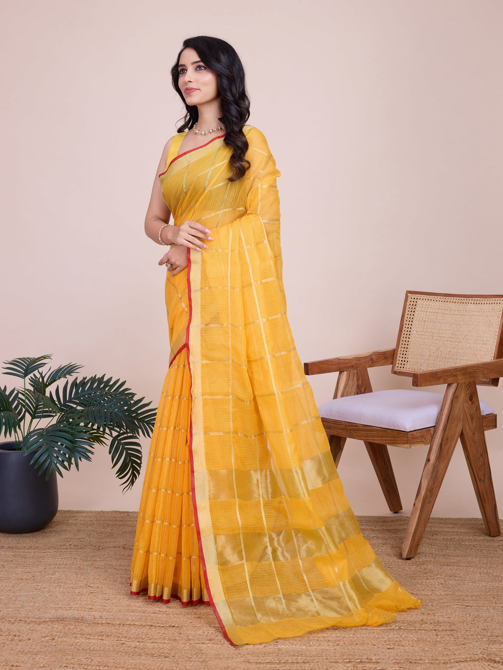 Vedant Vastram Cotton Silk Jacquard Fancy Saree - Yellow | Grocsy