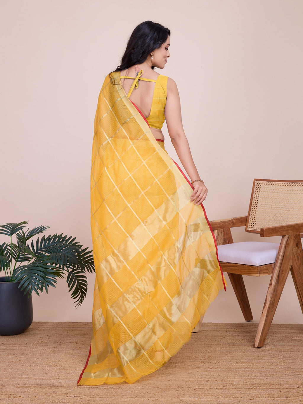 Vedant Vastram Cotton Silk Jacquard Fancy Saree - Yellow | Grocsy