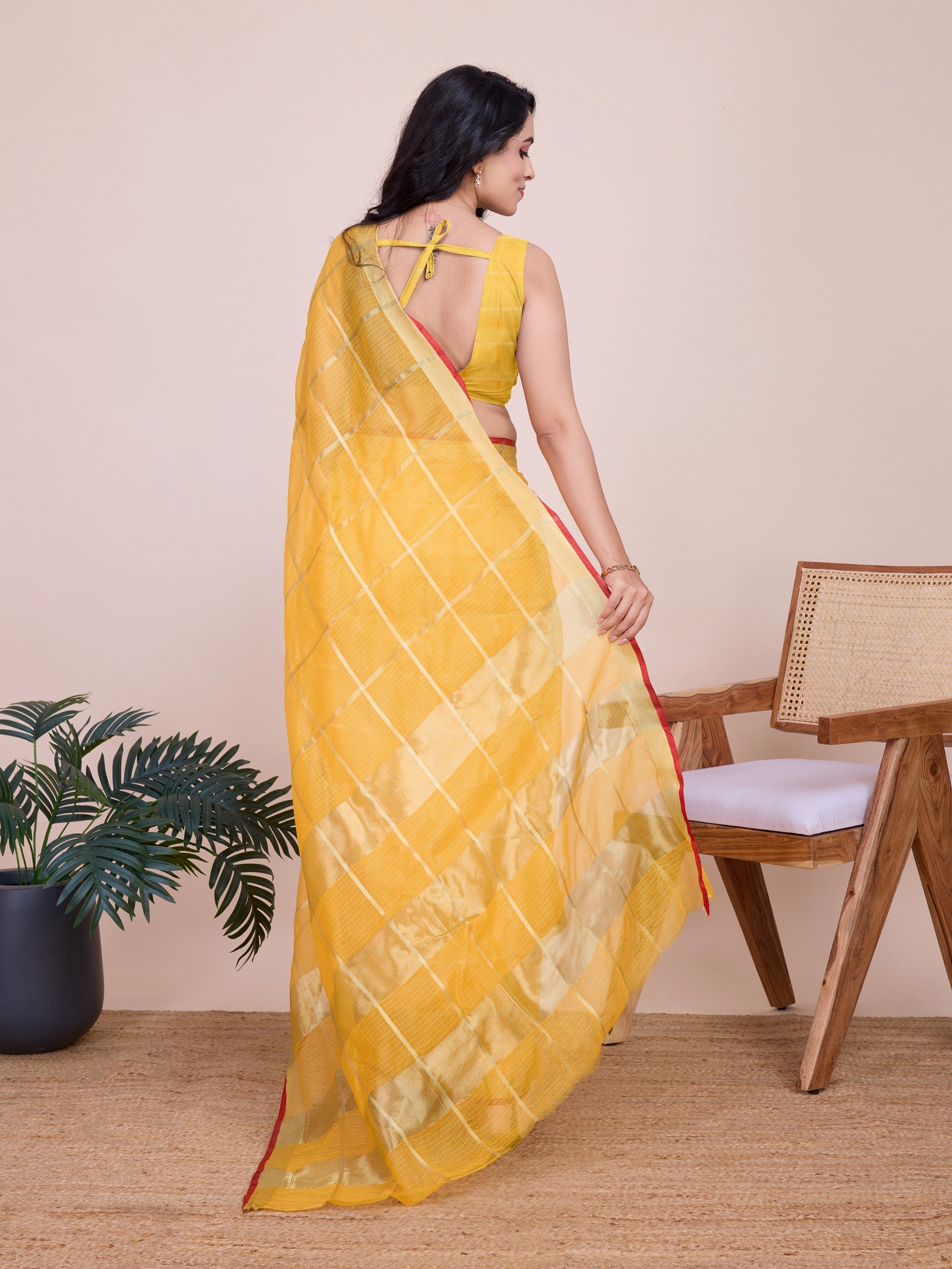 Vedant Vastram Cotton Silk Jacquard Fancy Saree - Yellow | Grocsy