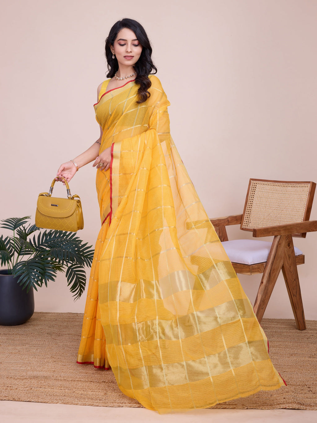 Vedant Vastram Cotton Silk Jacquard Fancy Saree - Yellow | Grocsy