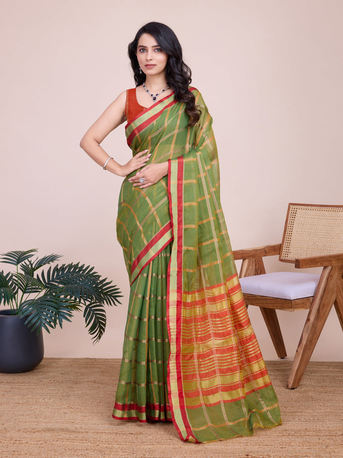 Vedant Vastram Cotton Silk Jacquard Fancy Saree - Mahendi | Grocsy