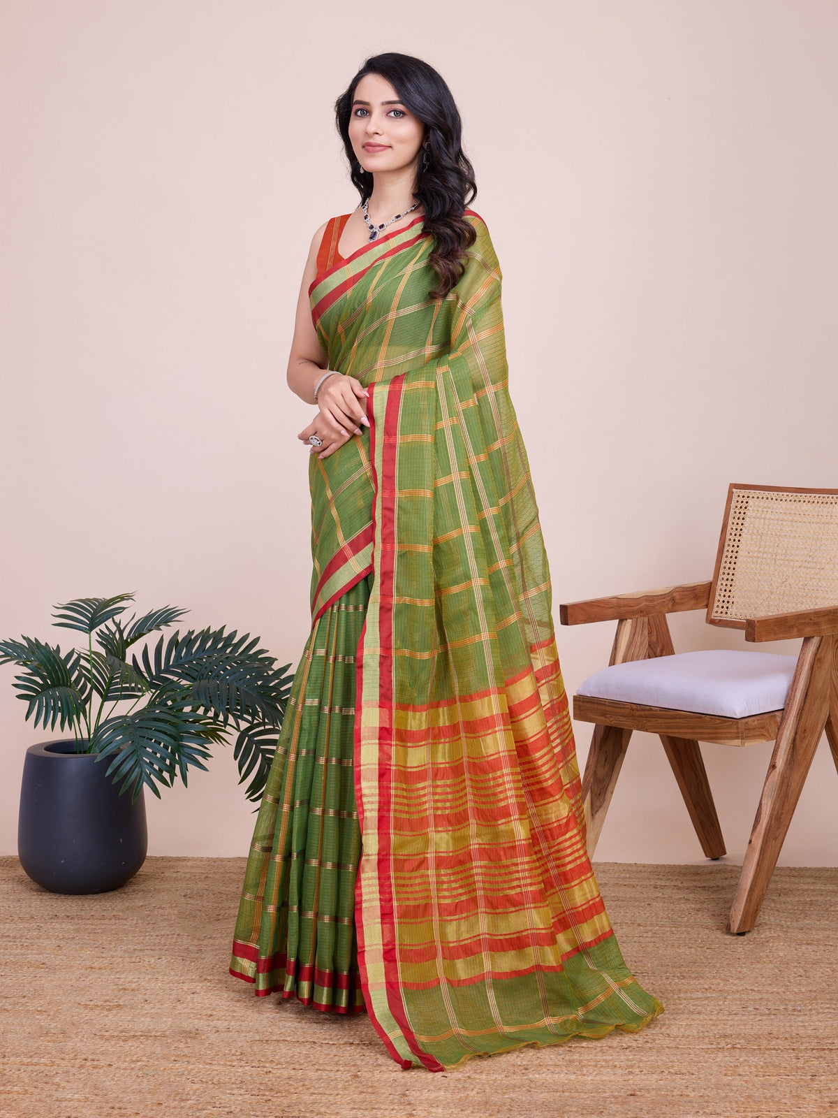 Vedant Vastram Cotton Silk Jacquard Fancy Saree - Mahendi | Grocsy