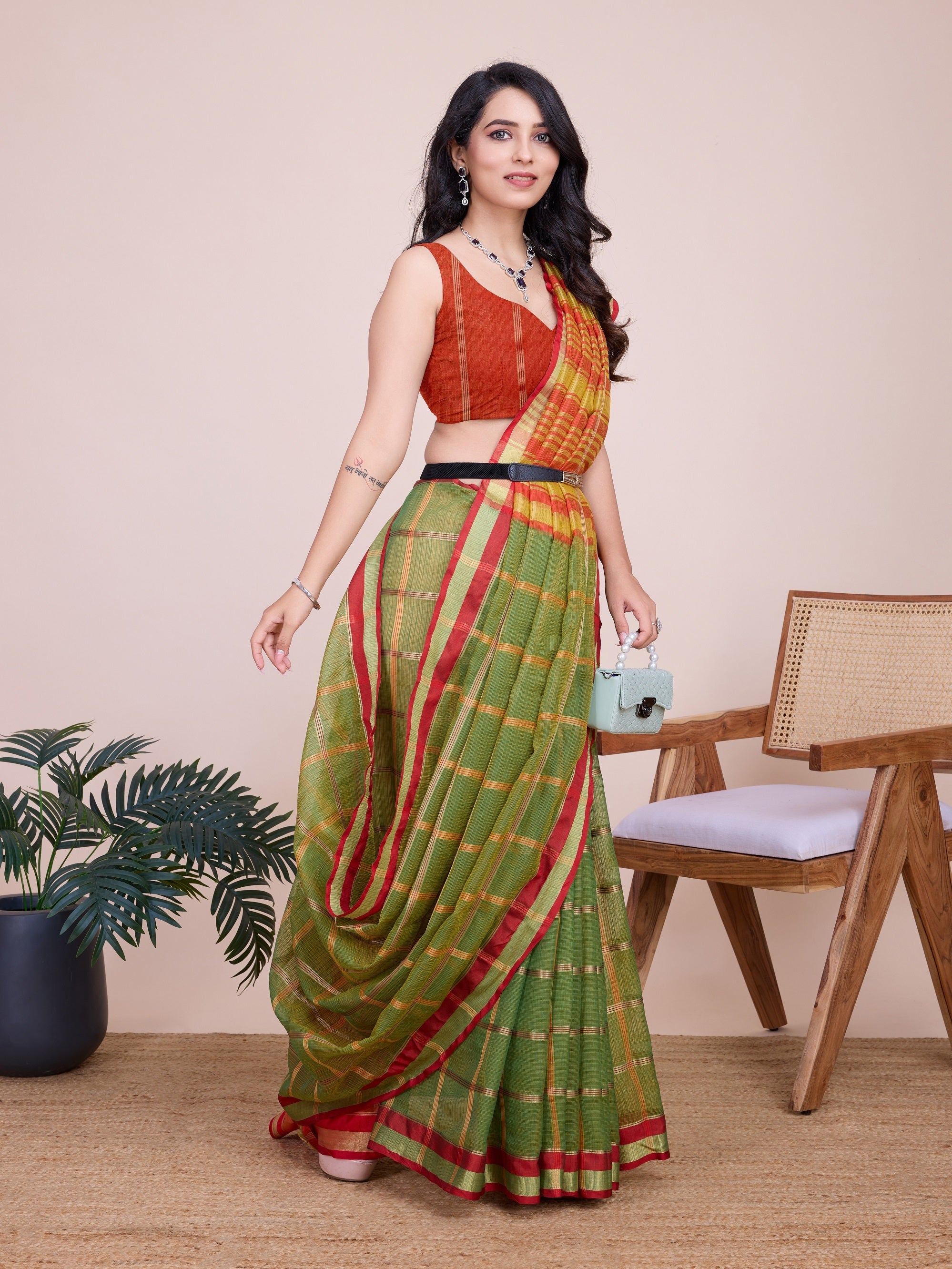 Vedant Vastram Cotton Silk Jacquard Fancy Saree - Mahendi | Grocsy