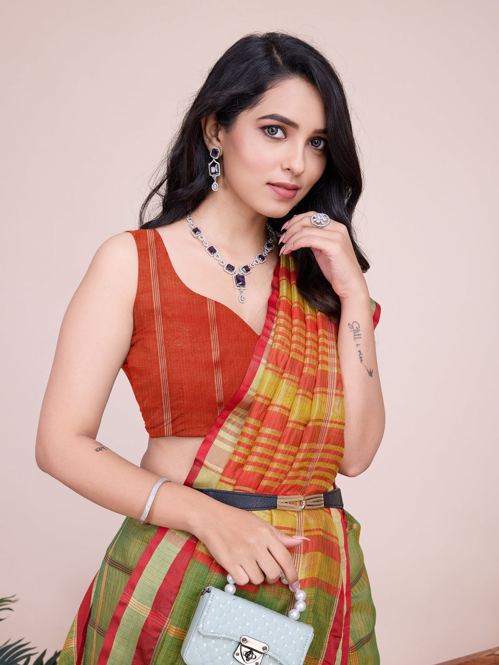 Vedant Vastram Cotton Silk Jacquard Fancy Saree - Mahendi | Grocsy