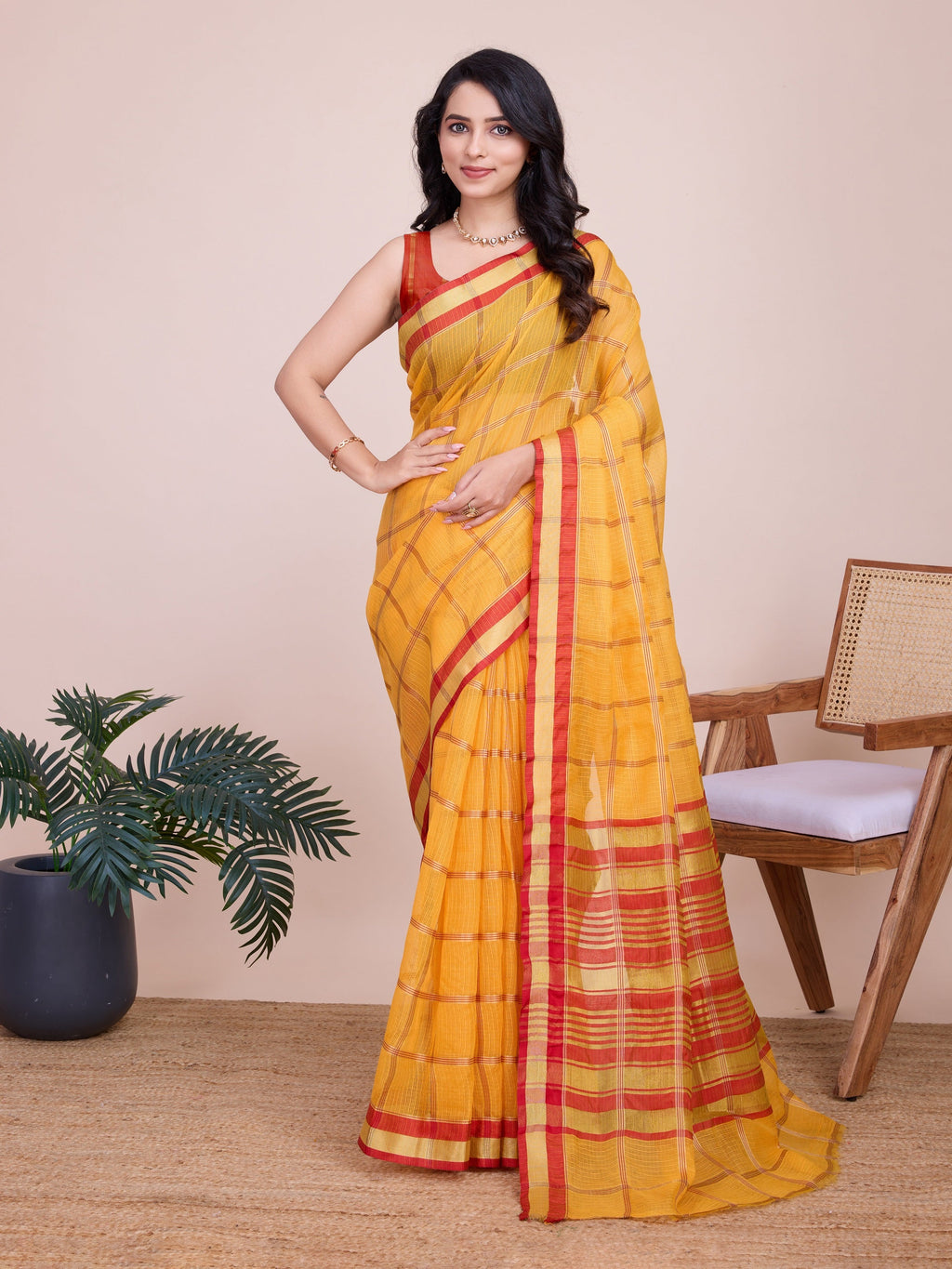 Vedant Vastram Cotton Silk Jacquard Fancy Saree - Mustard | Grocsy