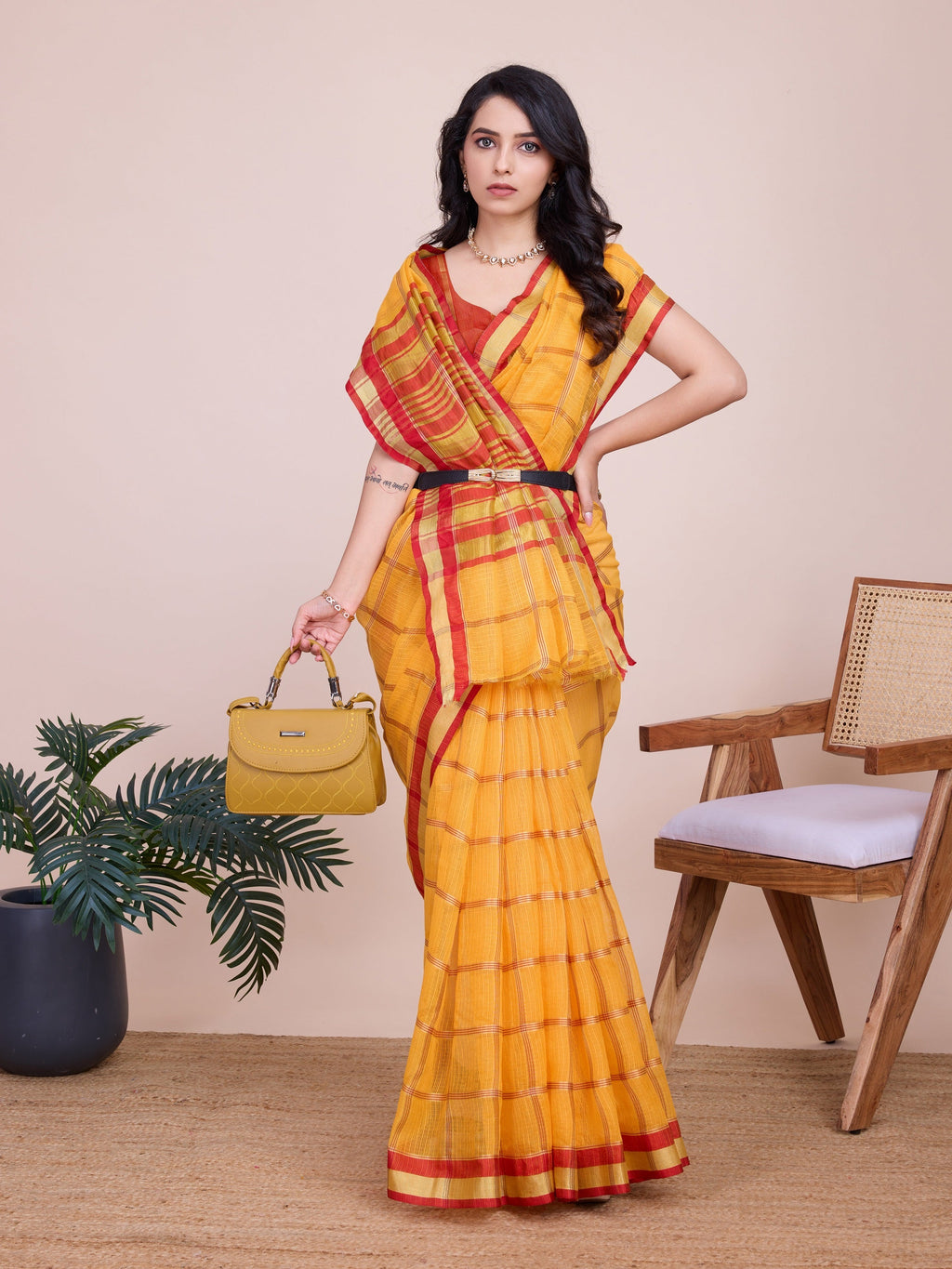 Vedant Vastram Cotton Silk Jacquard Fancy Saree - Mustard | Grocsy