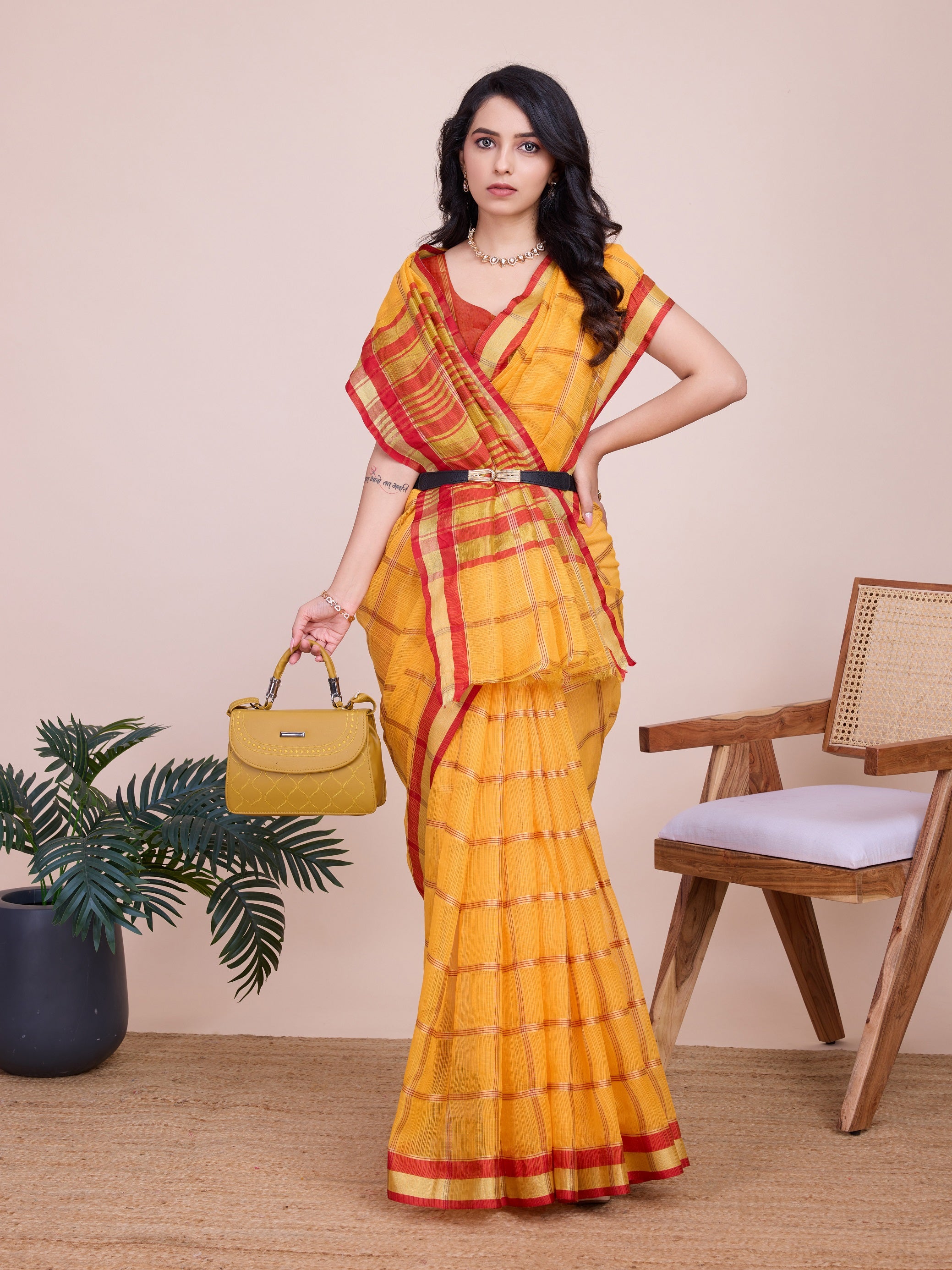 Vedant Vastram Cotton Silk Jacquard Fancy Saree - Mustard | Grocsy