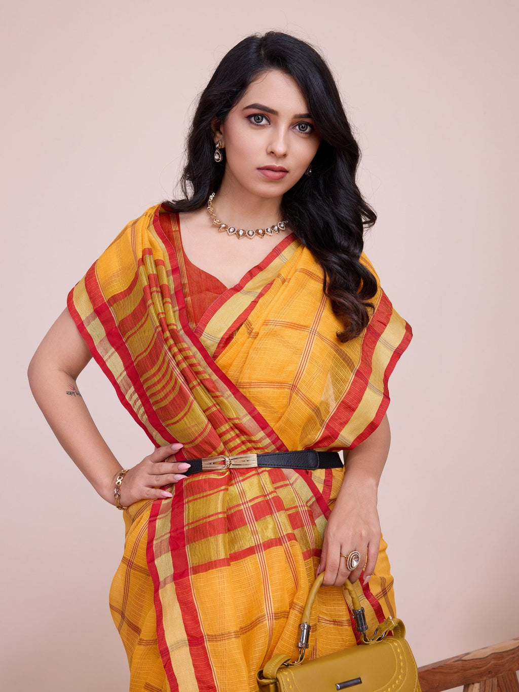 Vedant Vastram Cotton Silk Jacquard Fancy Saree - Mustard | Grocsy