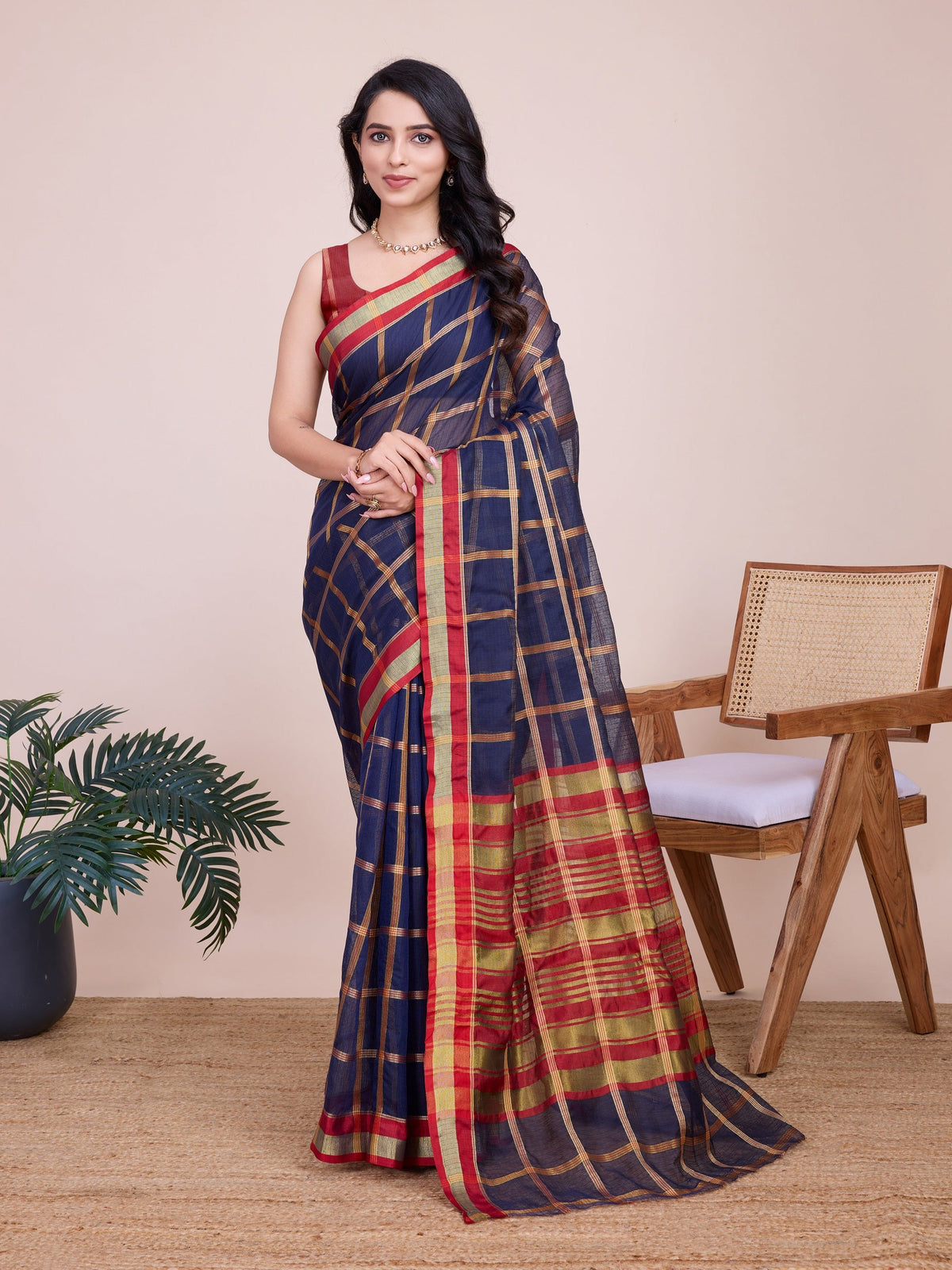 Vedant Vastram Cotton Silk Jacquard Fancy Saree - Navy | Grocsy