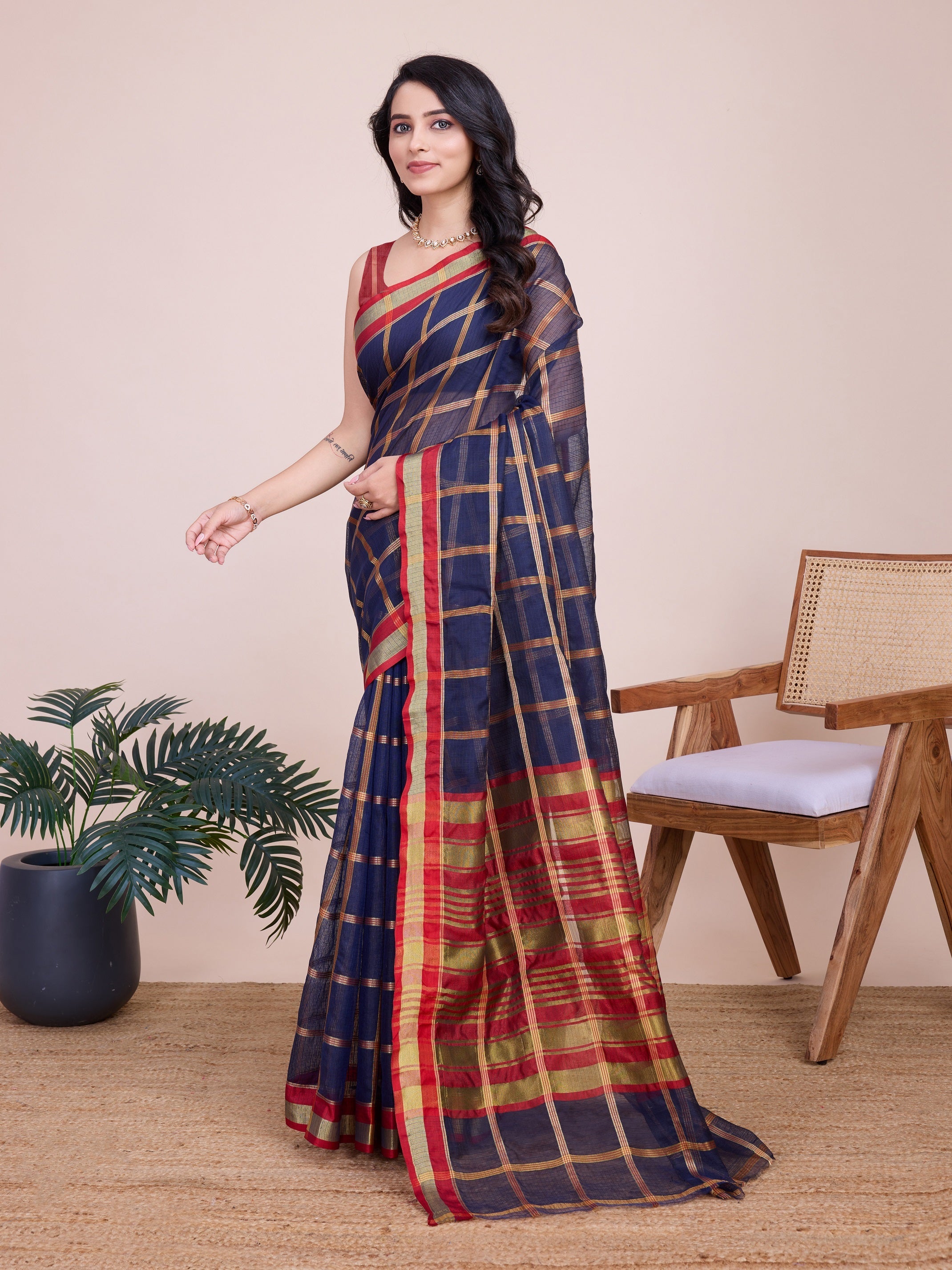 Vedant Vastram Cotton Silk Jacquard Fancy Saree - Navy | Grocsy
