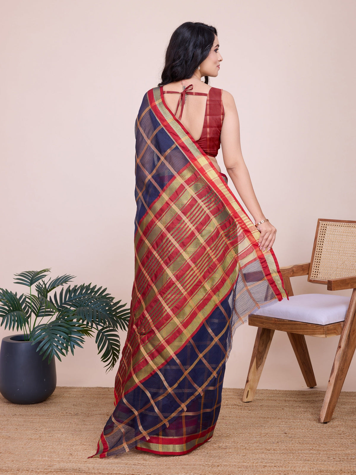 Vedant Vastram Cotton Silk Jacquard Fancy Saree - Navy | Grocsy