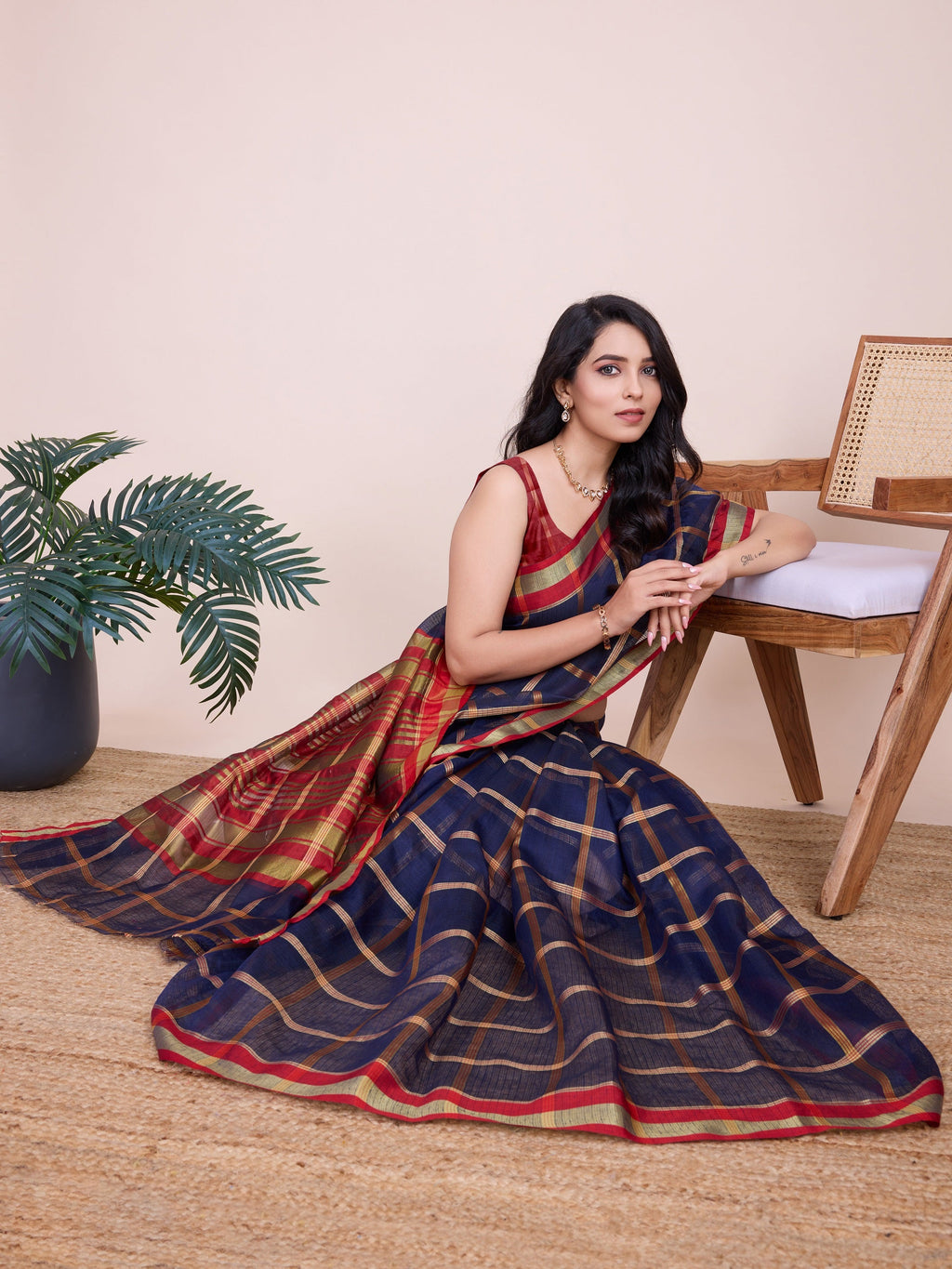 Vedant Vastram Cotton Silk Jacquard Fancy Saree - Navy | Grocsy