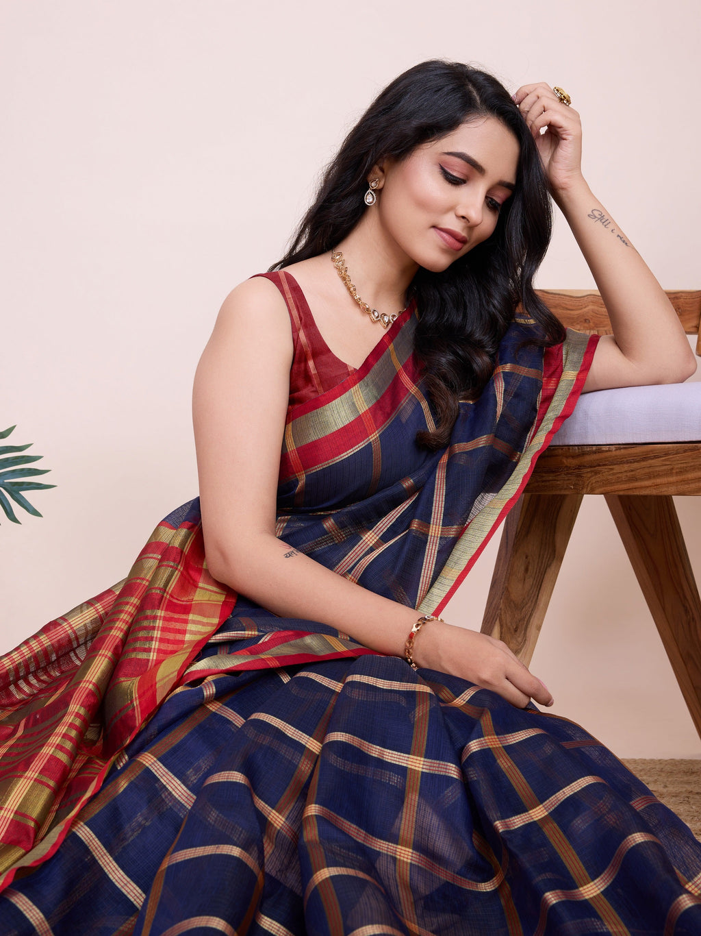 Vedant Vastram Cotton Silk Jacquard Fancy Saree - Navy | Grocsy