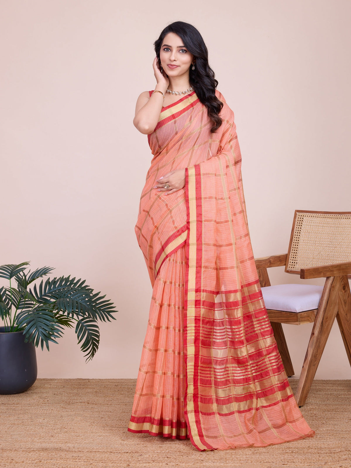 Vedant Vastram Cotton Silk Jacquard Fancy Saree - Peach | Grocsy