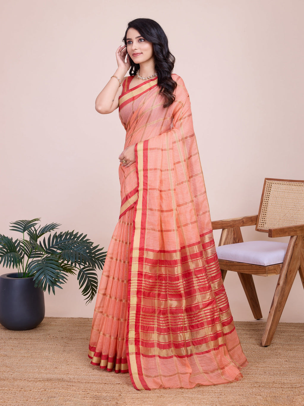 Vedant Vastram Cotton Silk Jacquard Fancy Saree - Peach | Grocsy
