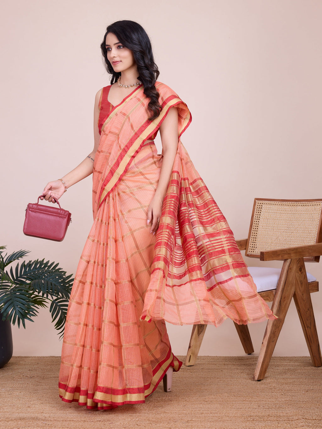 Vedant Vastram Cotton Silk Jacquard Fancy Saree - Peach | Grocsy
