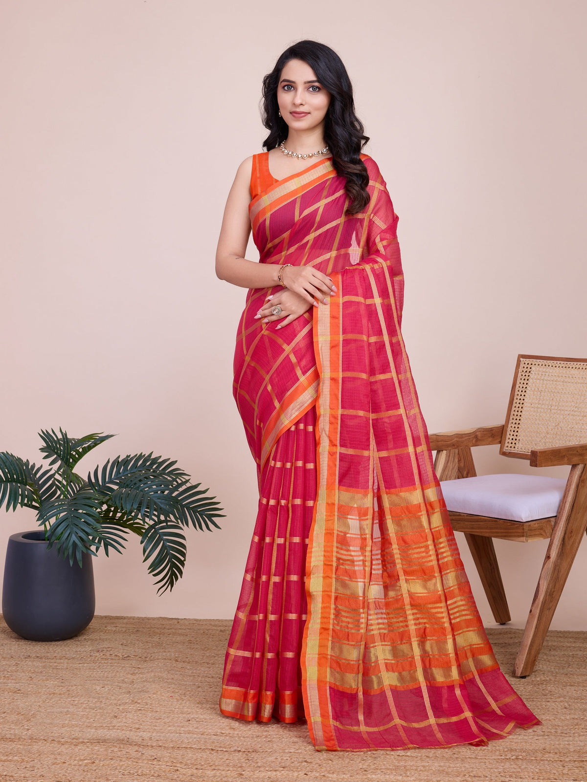 Vedant Vastram Cotton Silk Jacquard Fancy Saree - Pink | Grocsy