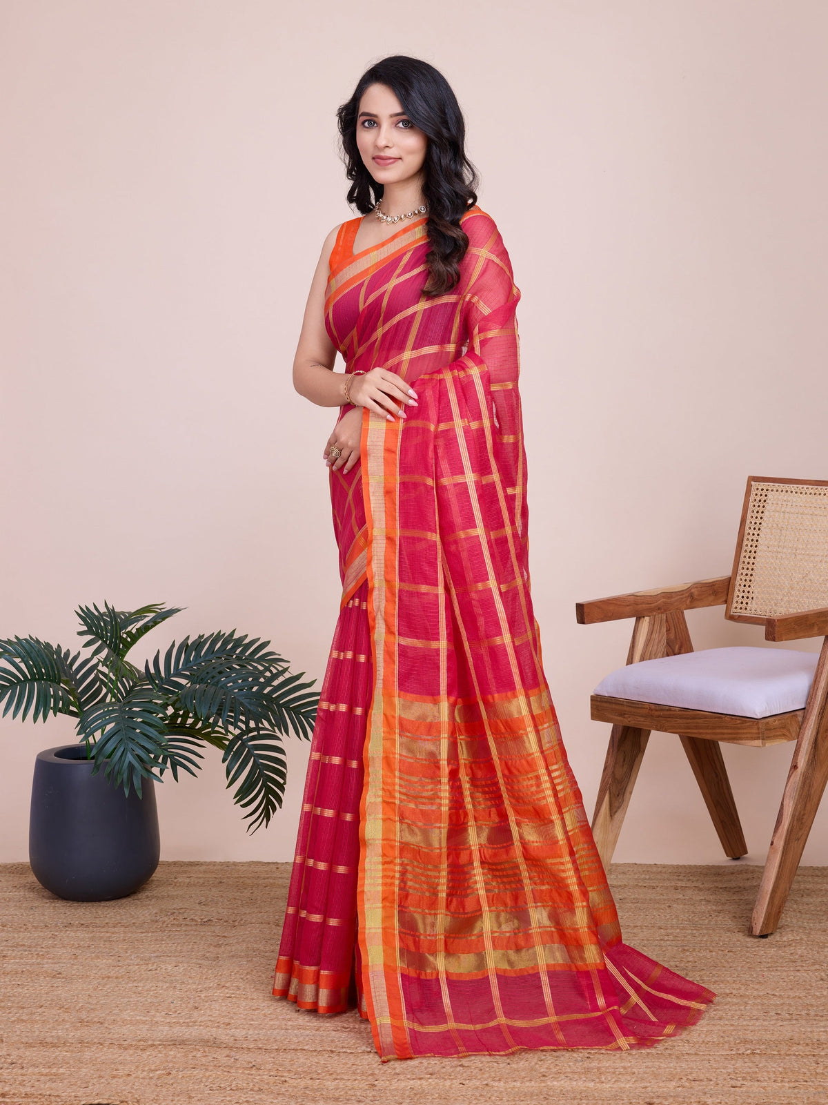 Vedant Vastram Cotton Silk Jacquard Fancy Saree - Pink | Grocsy