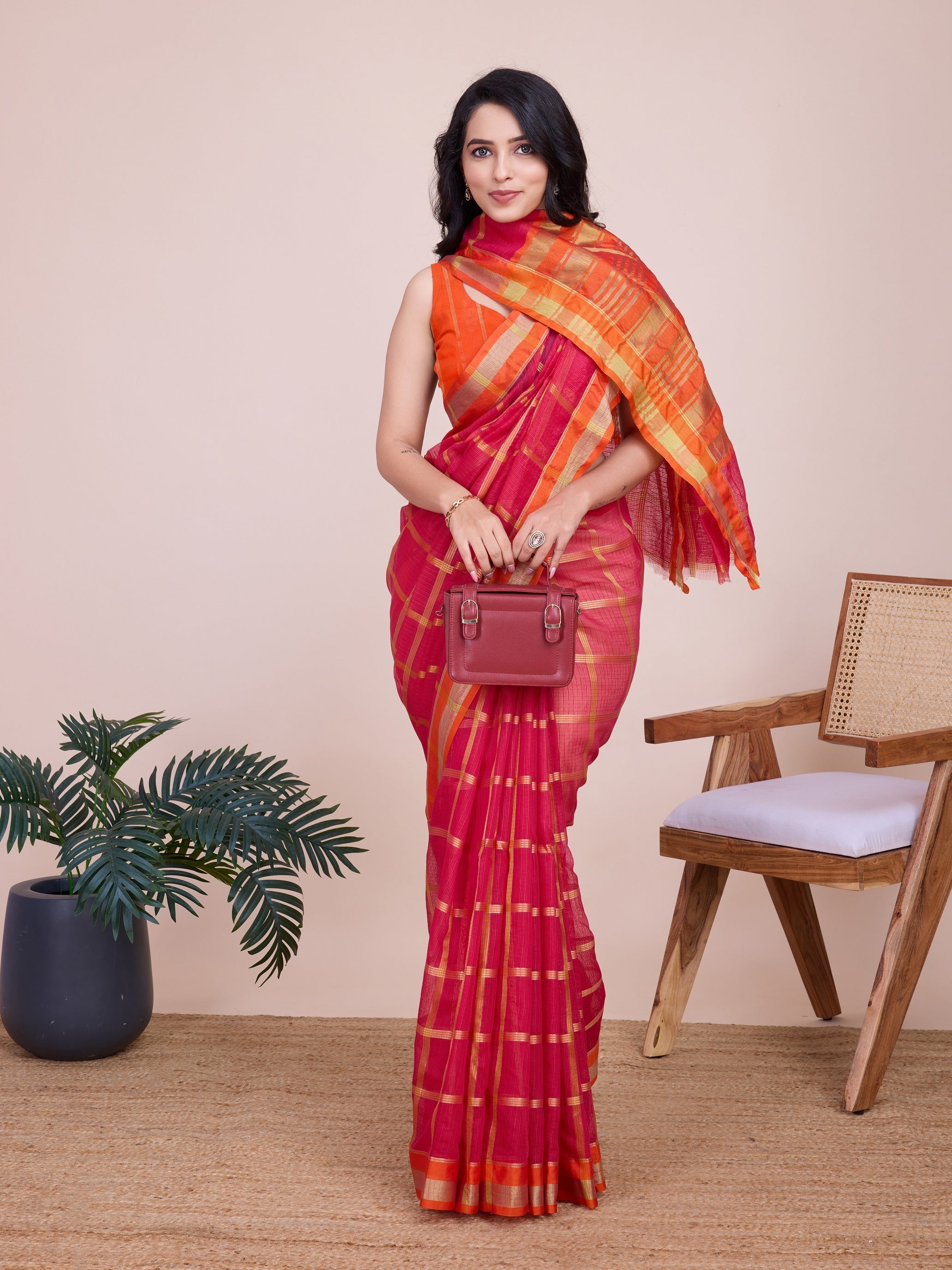 Vedant Vastram Cotton Silk Jacquard Fancy Saree - Pink | Grocsy
