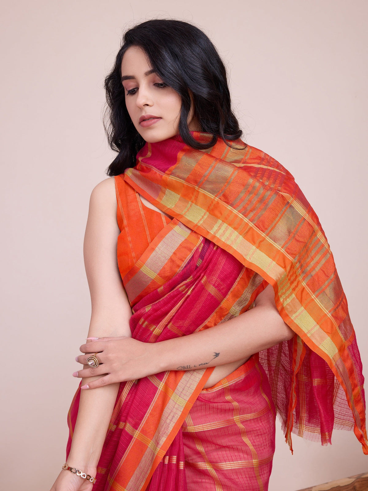 Vedant Vastram Cotton Silk Jacquard Fancy Saree - Pink | Grocsy