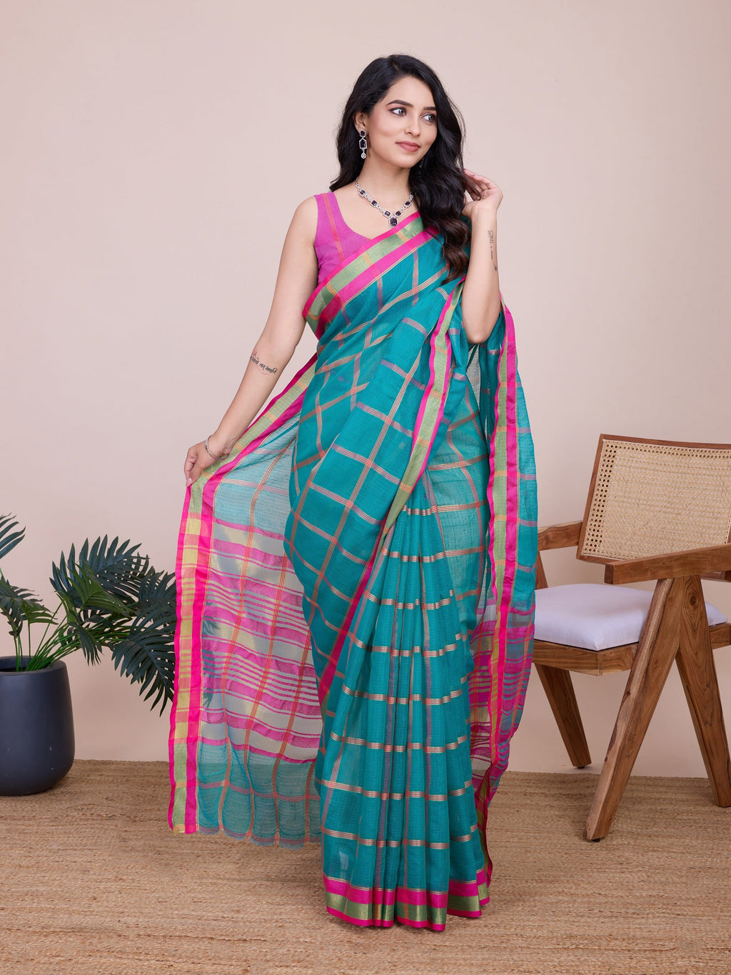 Vedant Vastram Cotton Silk Jacquard Fancy Saree - Seagreen | Grocsy