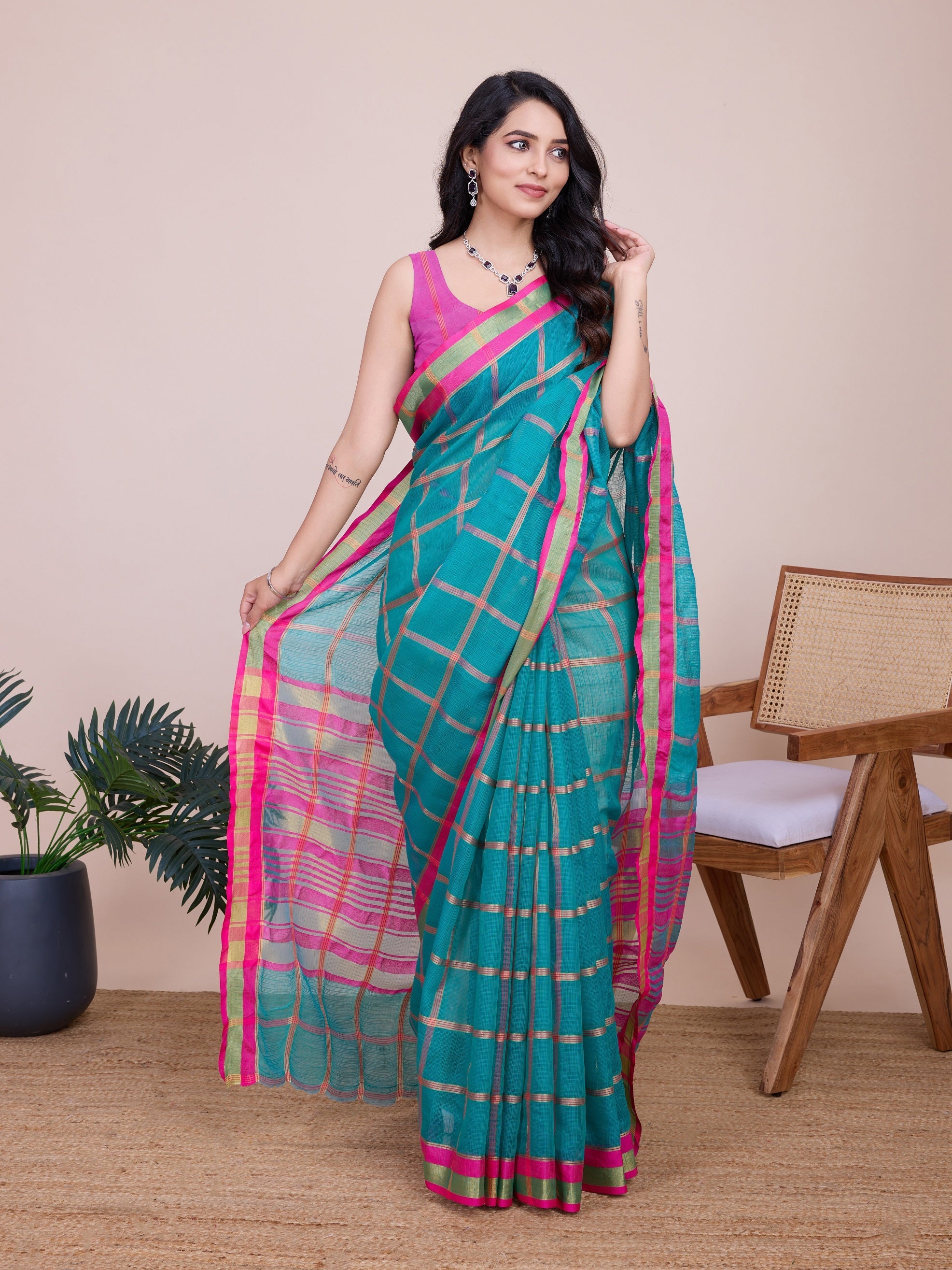 Vedant Vastram Cotton Silk Jacquard Fancy Saree - Seagreen | Grocsy