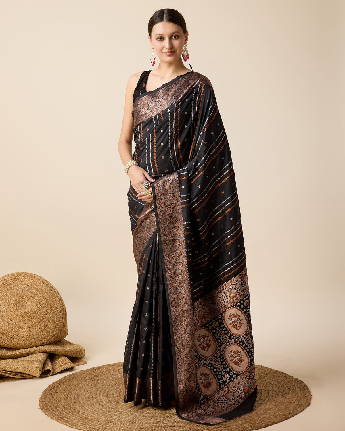 Vedant Vastram Soft Litchi Silk Banarasi Silk Saree - Black | Grocsy