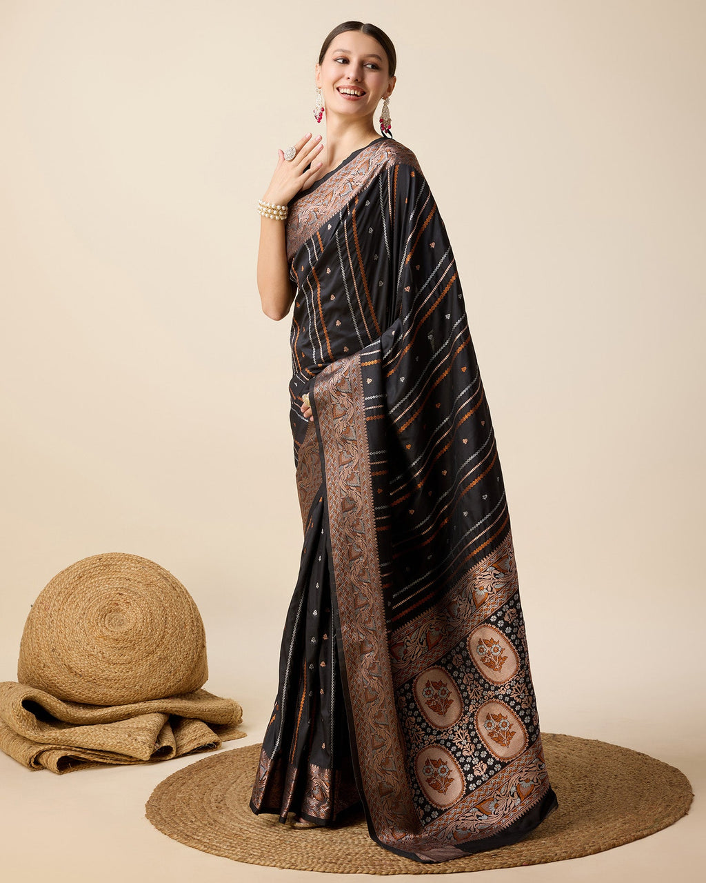 Vedant Vastram Soft Litchi Silk Banarasi Silk Saree - Black | Grocsy