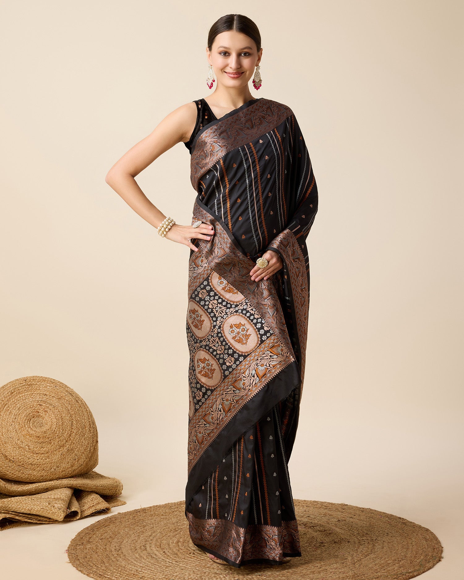 Vedant Vastram Soft Litchi Silk Banarasi Silk Saree - Black | Grocsy