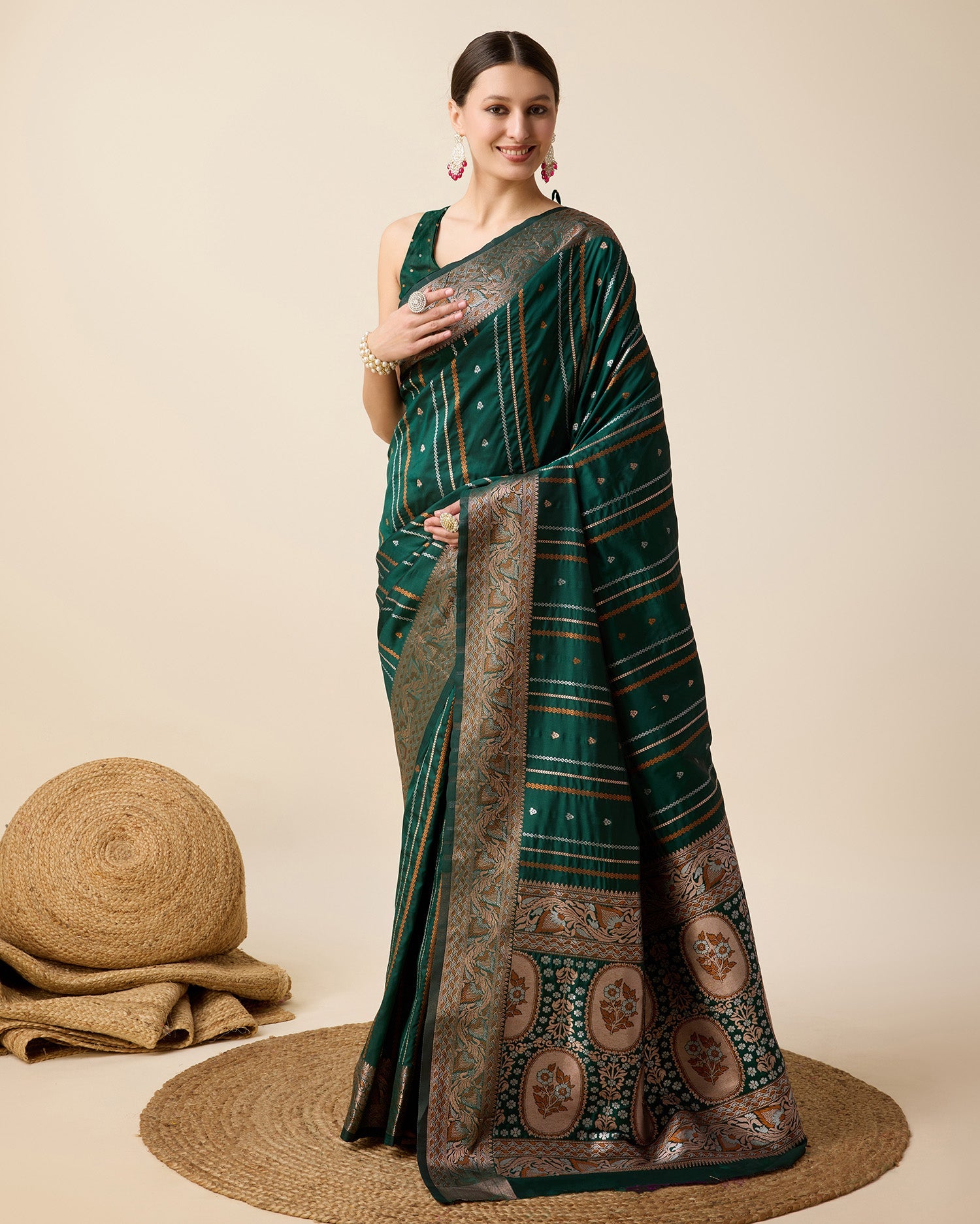 Vedant Vastram Soft Litchi Silk Banarasi Silk Saree - Green | Grocsy