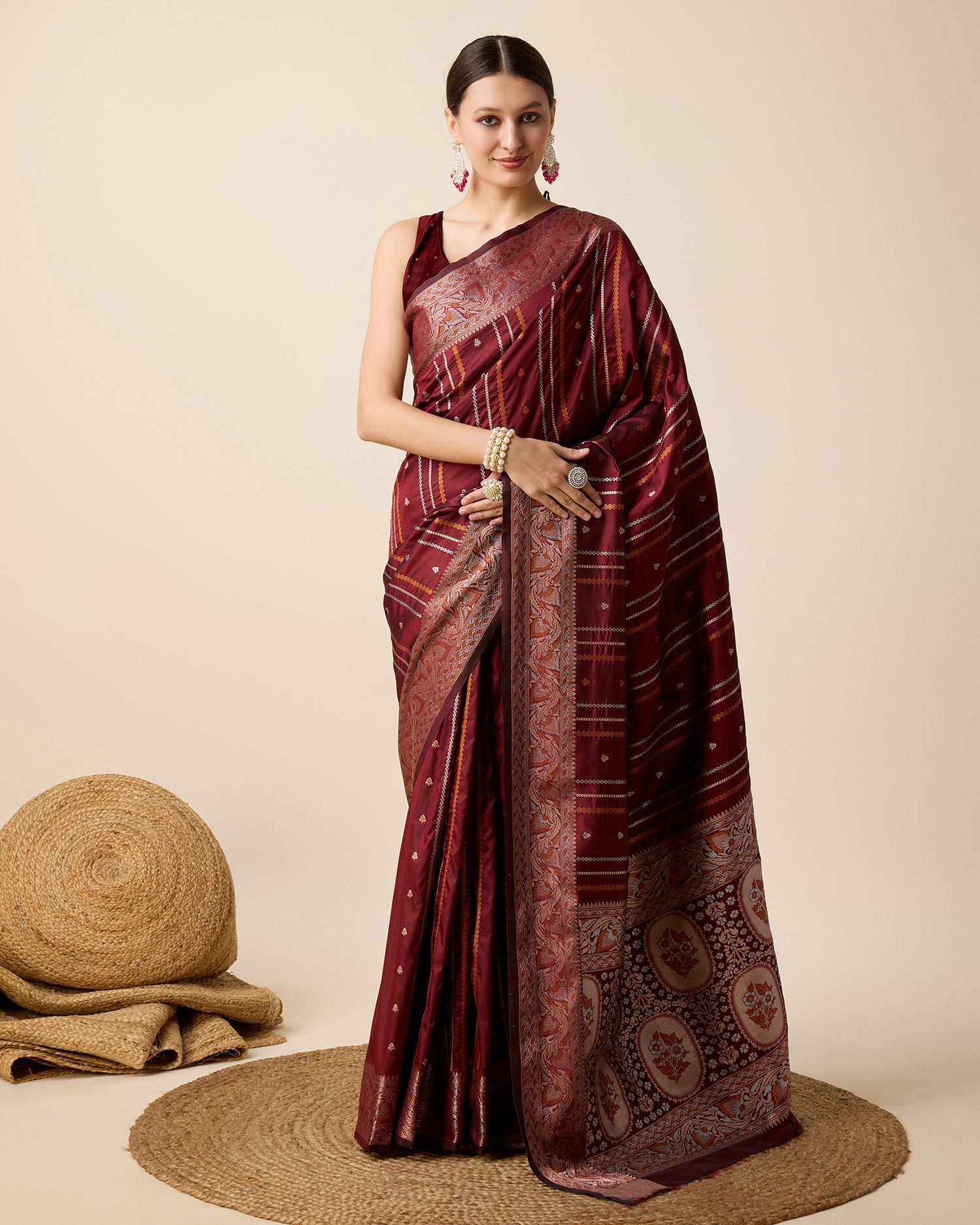 Vedant Vastram Soft Litchi Silk Banarasi Silk Saree - Maroon | Grocsy