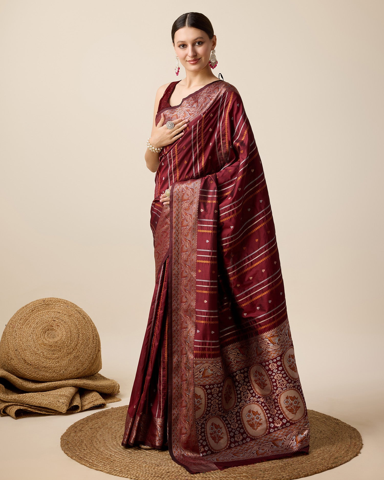 Vedant Vastram Soft Litchi Silk Banarasi Silk Saree - Maroon | Grocsy