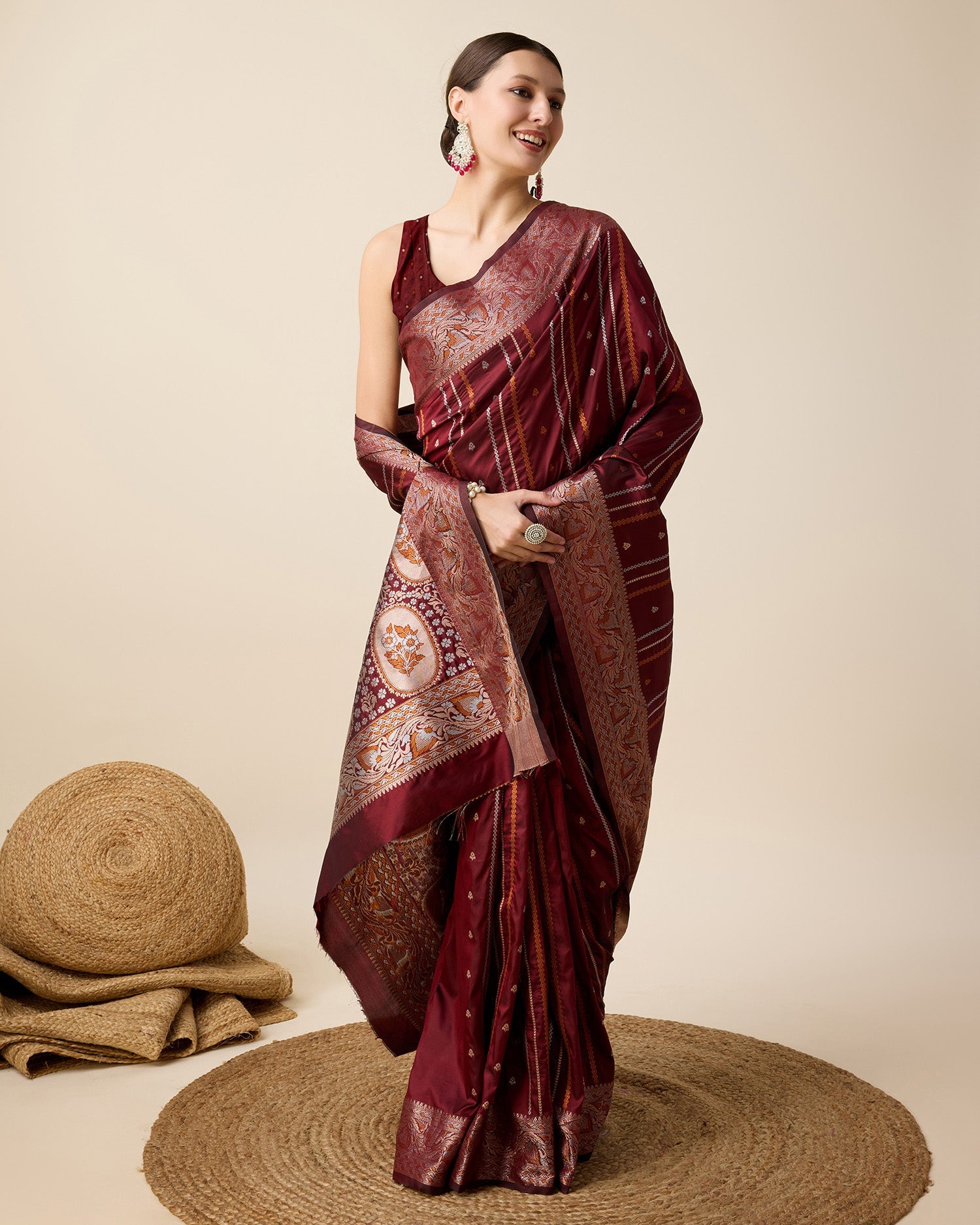 Vedant Vastram Soft Litchi Silk Banarasi Silk Saree - Maroon | Grocsy