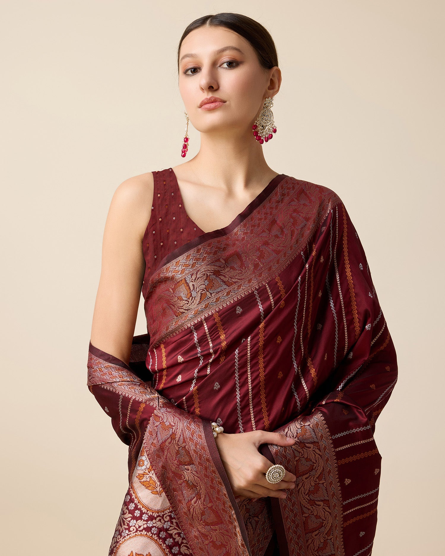 Vedant Vastram Soft Litchi Silk Banarasi Silk Saree - Maroon | Grocsy