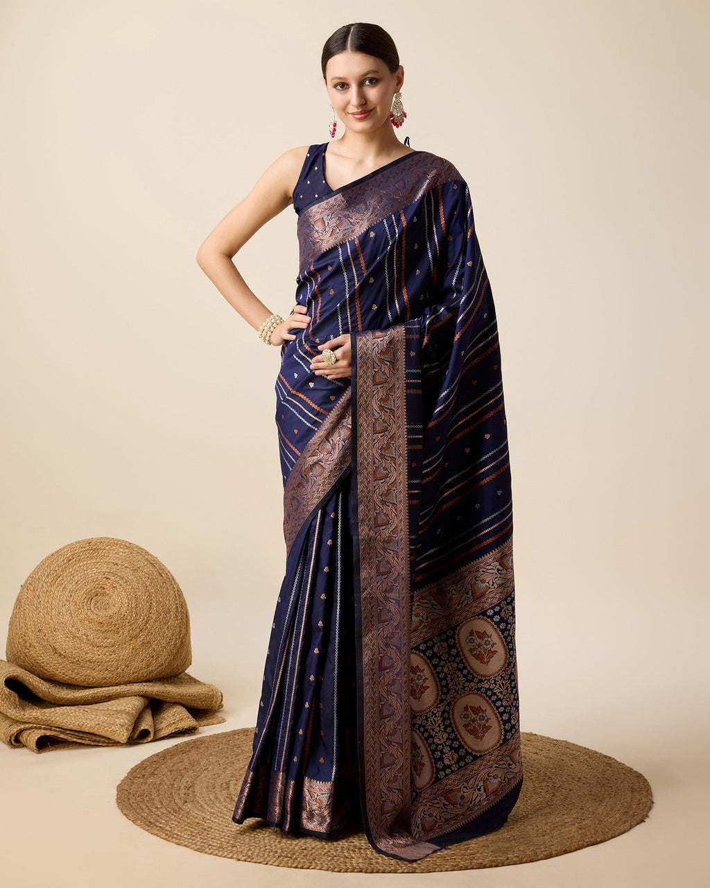Vedant Vastram Soft Litchi Silk Banarasi Silk Saree - Navy | Grocsy