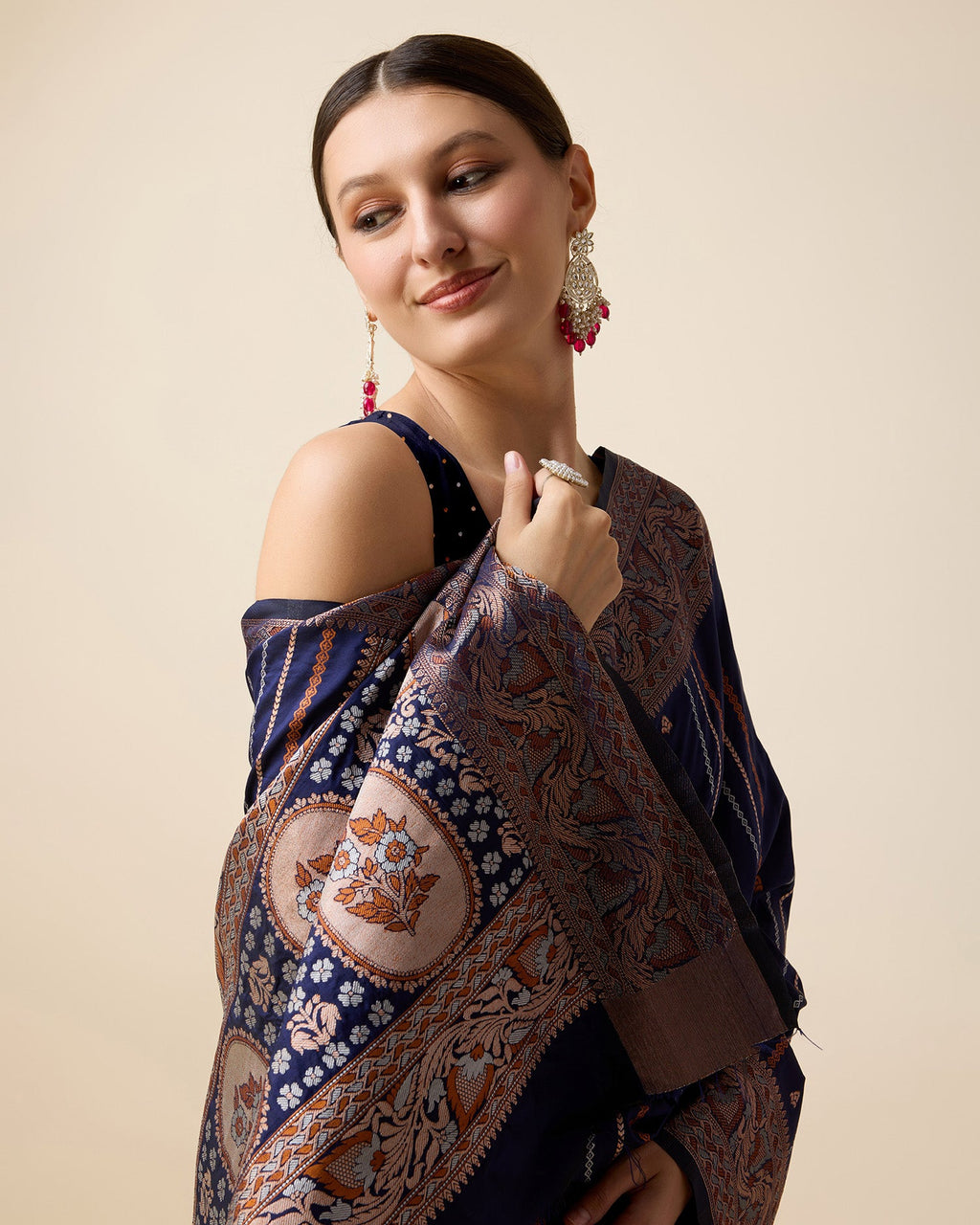 Vedant Vastram Soft Litchi Silk Banarasi Silk Saree - Navy | Grocsy