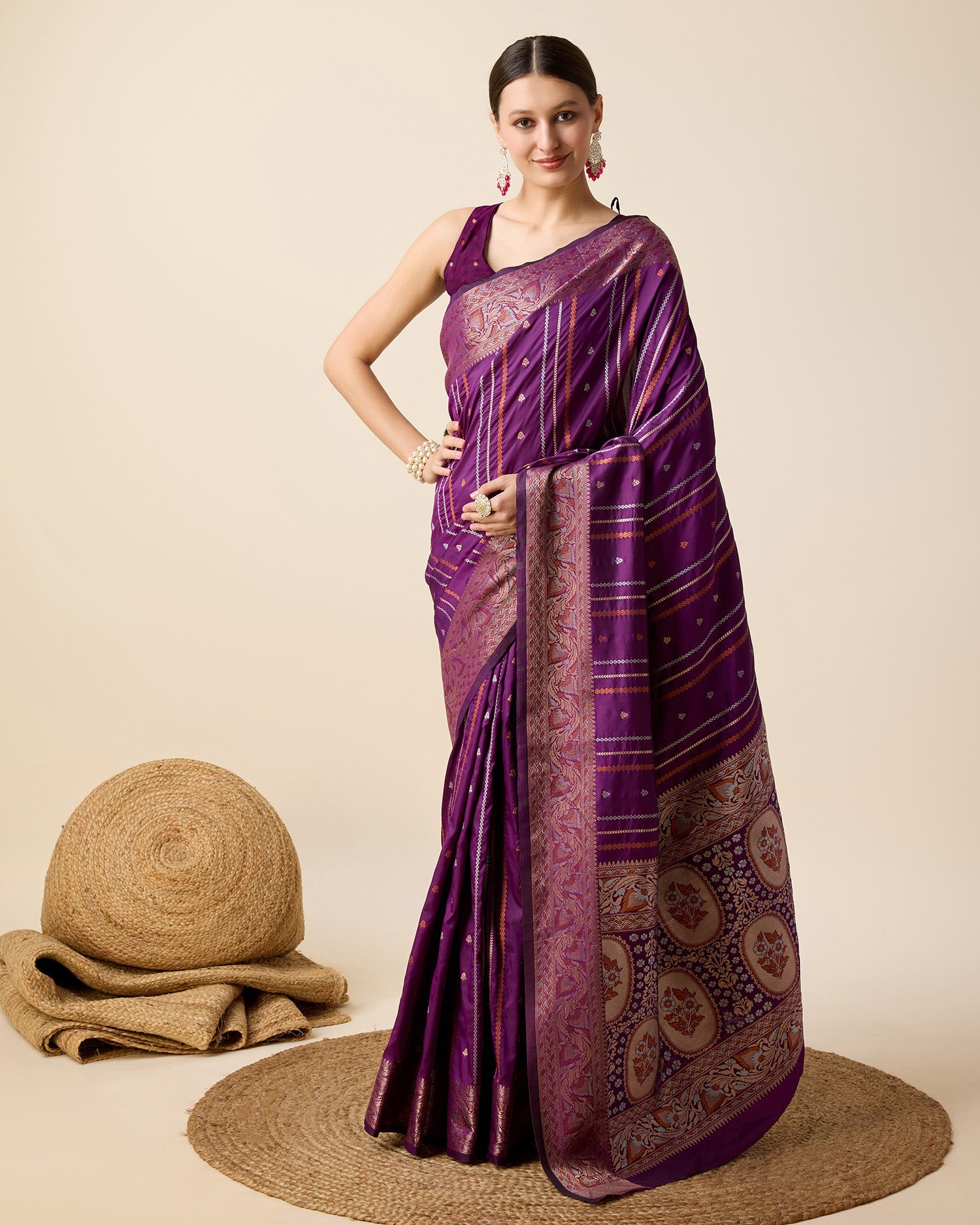 Vedant Vastram Soft Litchi Silk Banarasi Silk Saree - Purple | Grocsy