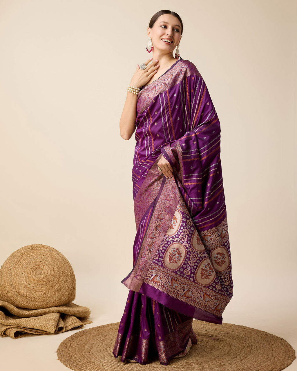 Vedant Vastram Soft Litchi Silk Banarasi Silk Saree - Purple | Grocsy