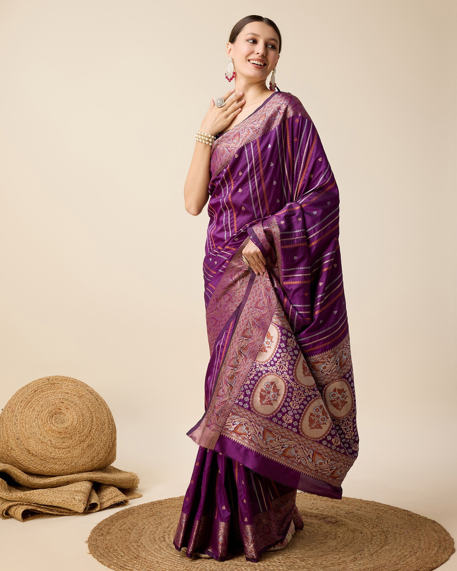 Vedant Vastram Soft Litchi Silk Banarasi Silk Saree - Purple | Grocsy