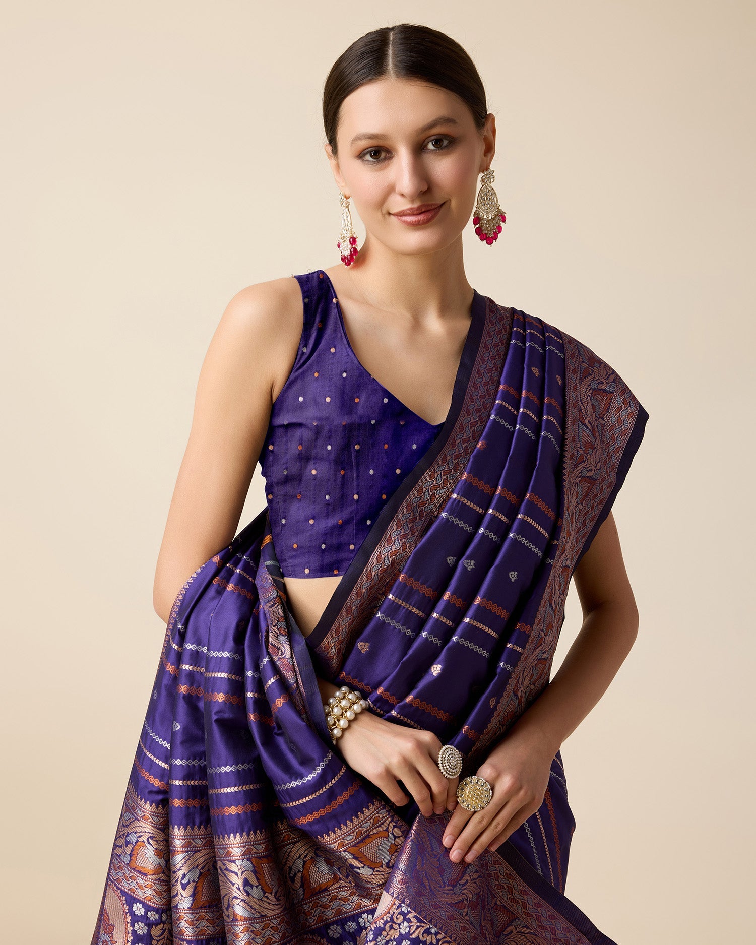 Vedant Vastram Soft Litchi Silk Banarasi Silk Saree - Violet | Grocsy