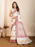 Vedant Vastram Maslin Cotton Printed & Hand work Fancy Saree - White | Grocsy