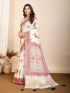 Vedant Vastram Maslin Cotton Printed & Hand work Fancy Saree - White | Grocsy