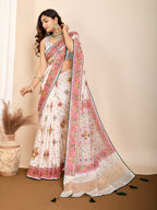 Vedant Vastram Maslin Cotton Printed & Hand work Fancy Saree - White | Grocsy