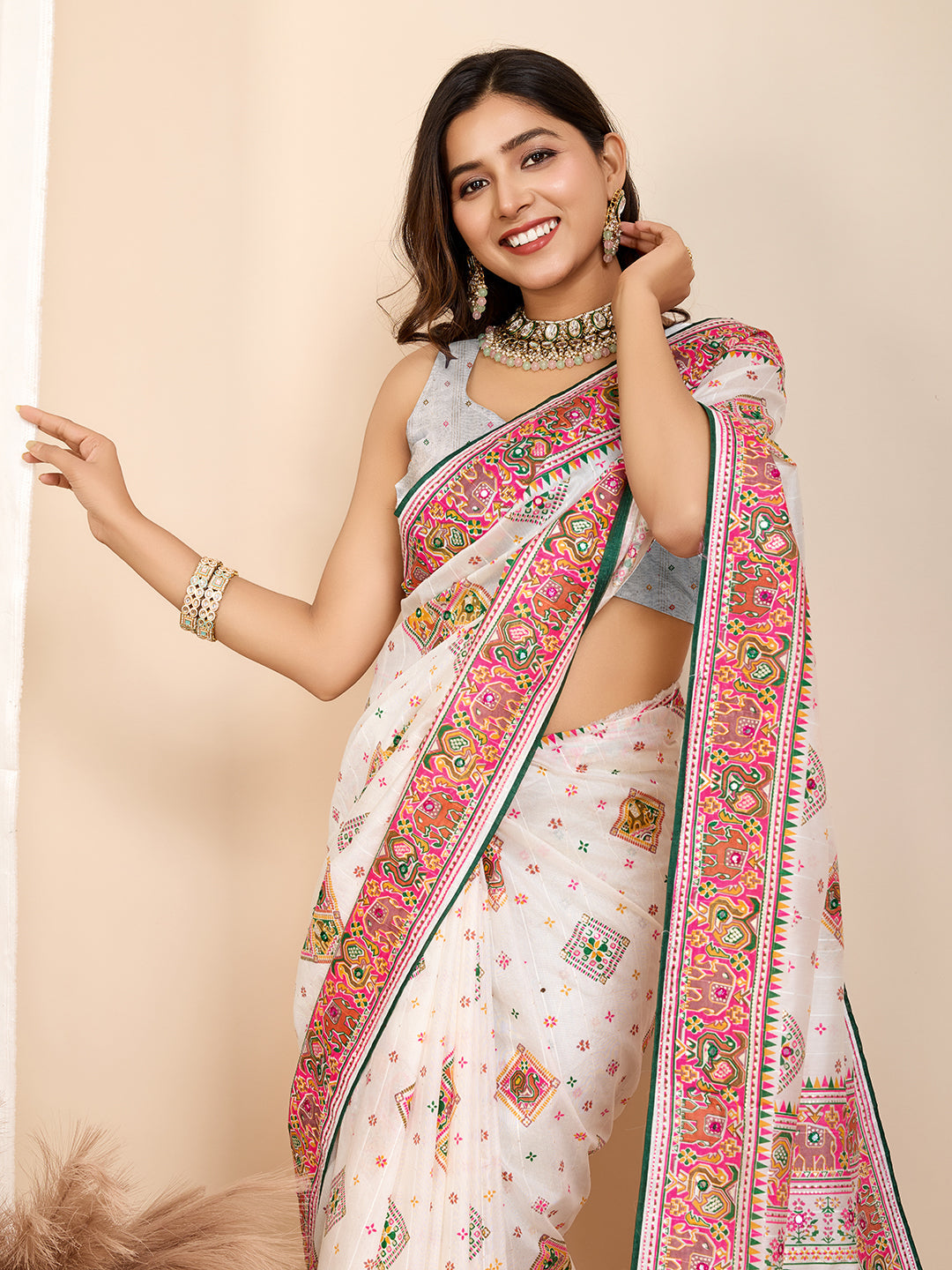 Vedant Vastram Maslin Cotton Printed & Hand work Fancy Saree - White | Grocsy
