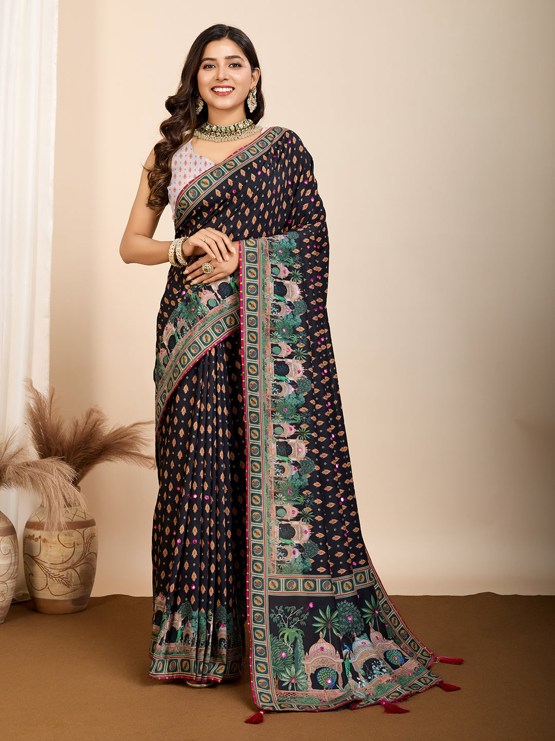 Vedant Vastram Maslin Cotton Printed & Hand work Fancy Saree - Black | Grocsy