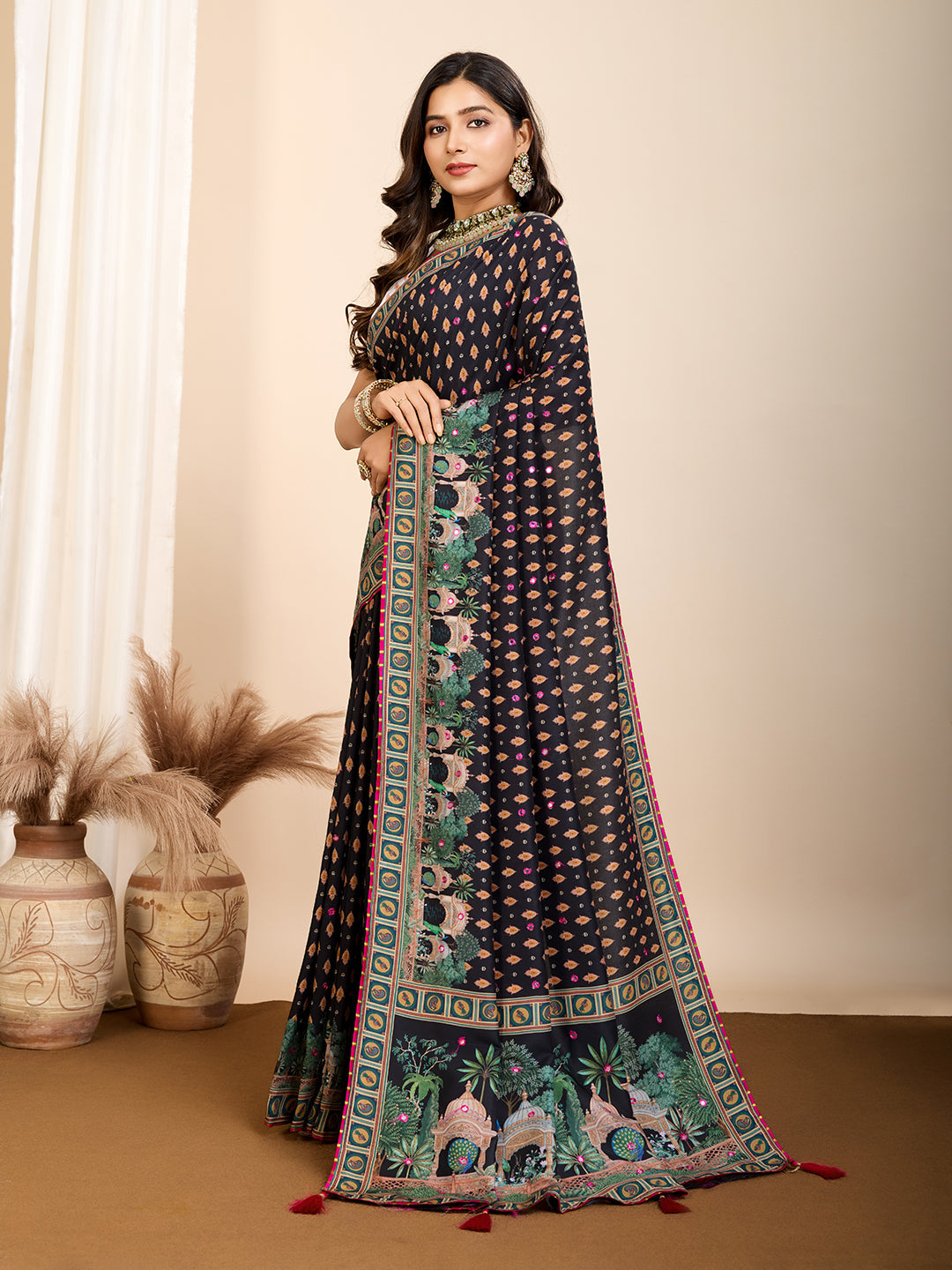 Vedant Vastram Maslin Cotton Printed & Hand work Fancy Saree - Black | Grocsy