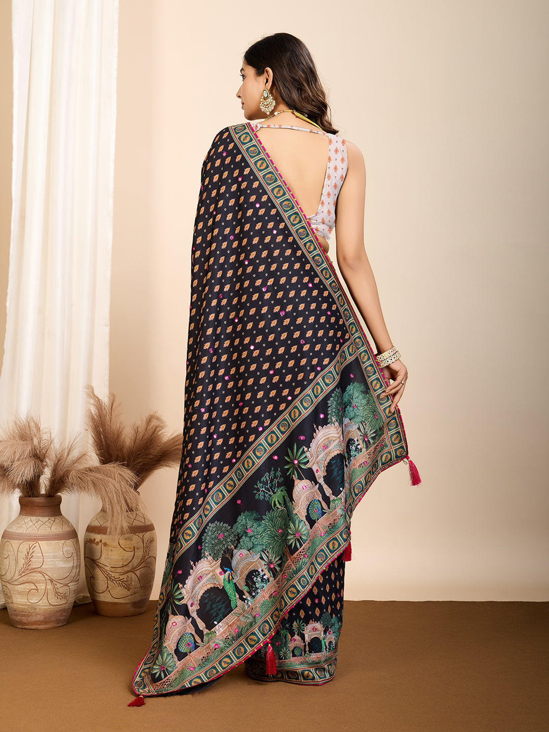Vedant Vastram Maslin Cotton Printed & Hand work Fancy Saree - Black | Grocsy