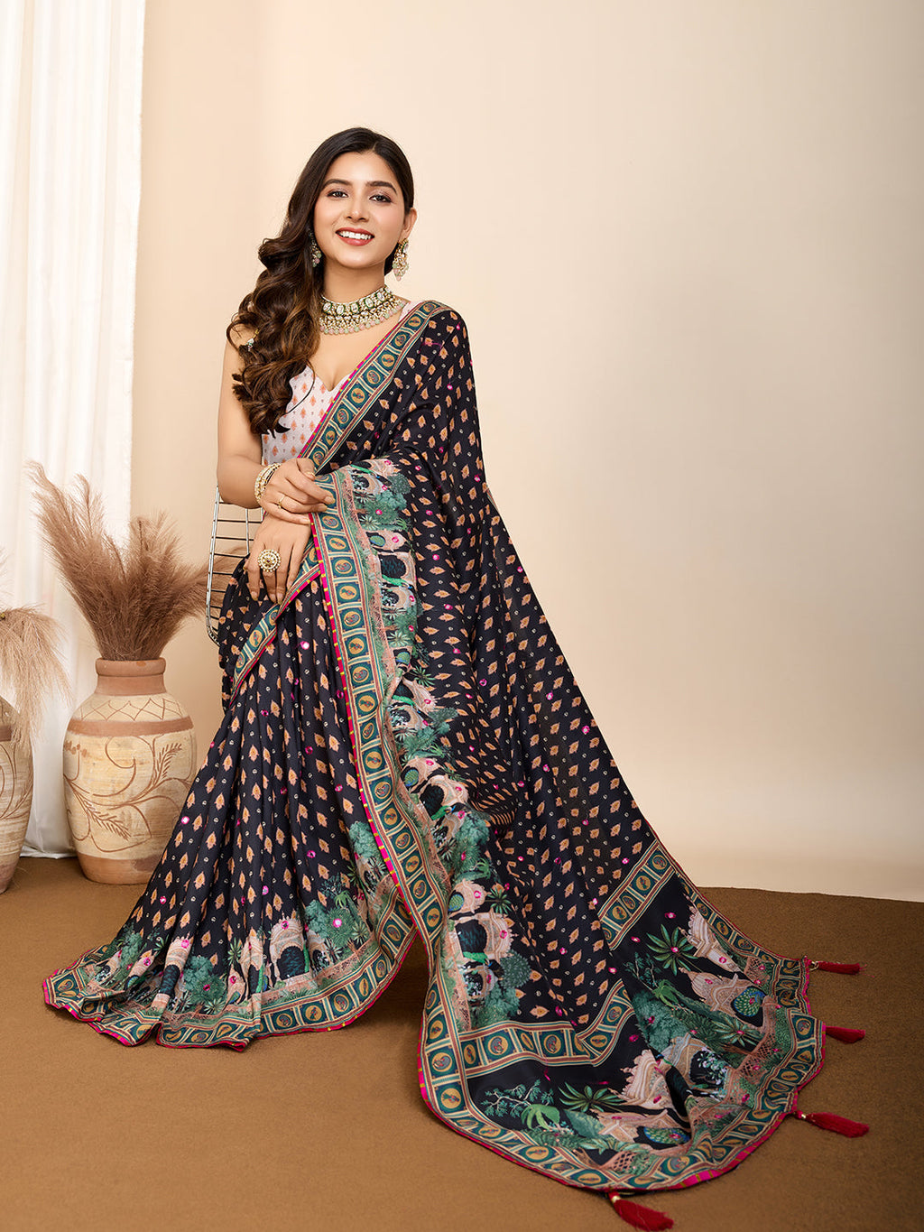 Vedant Vastram Maslin Cotton Printed & Hand work Fancy Saree - Black | Grocsy